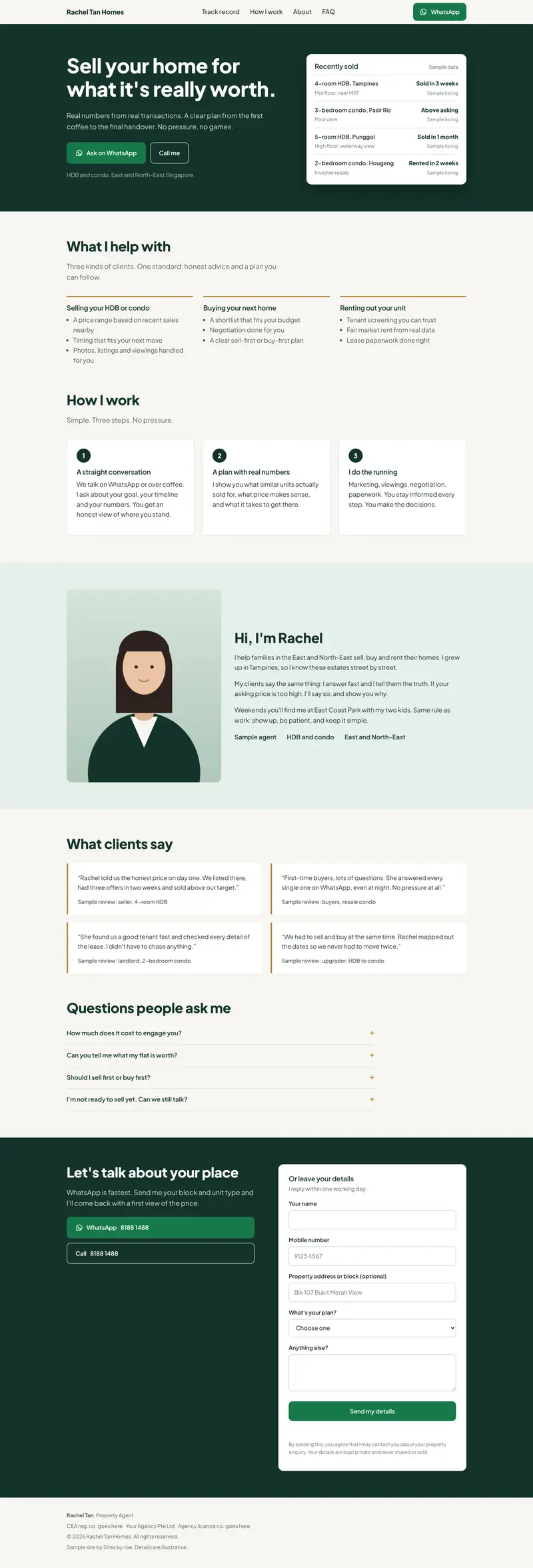 Full page of the sample agent website