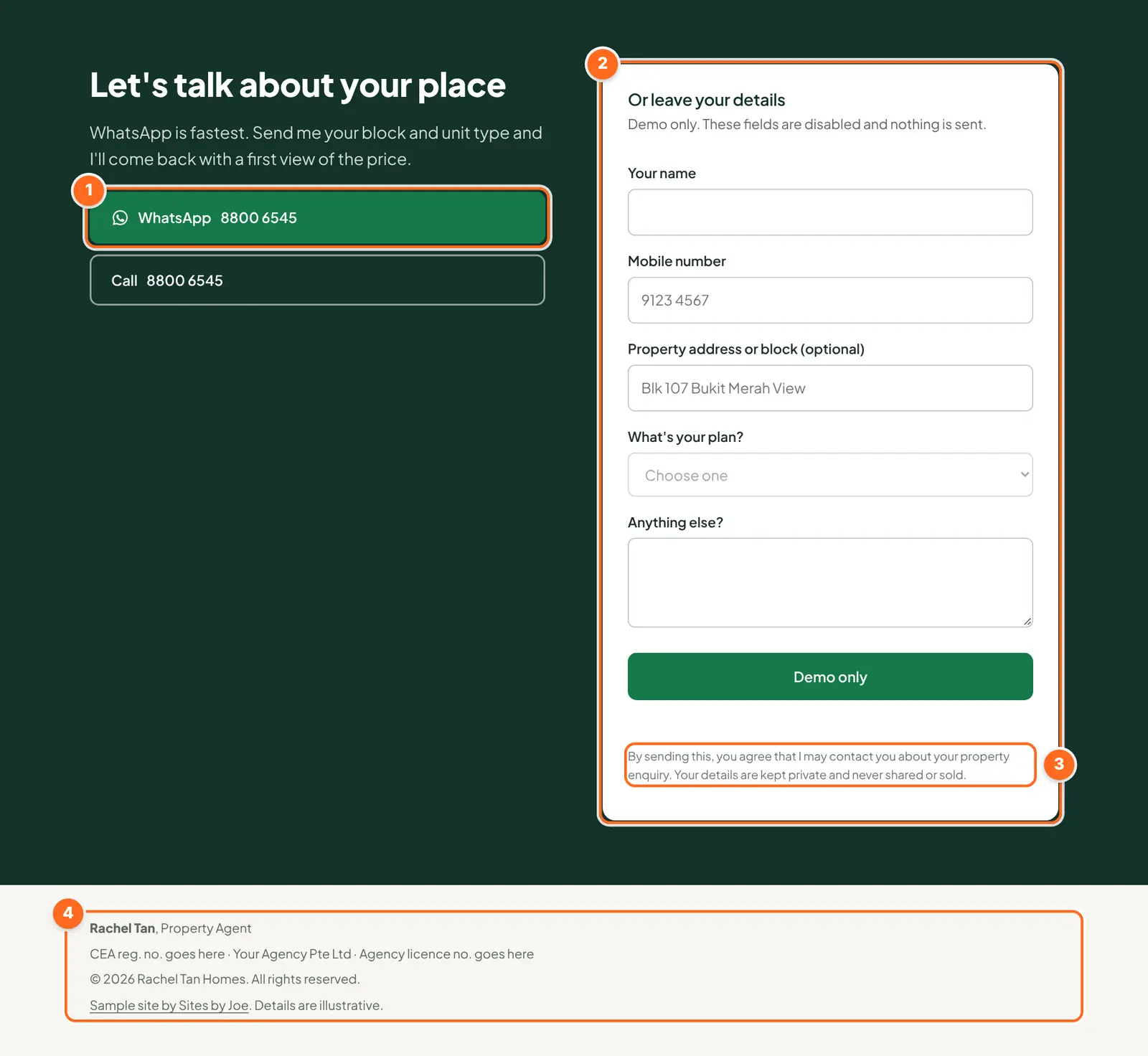 Contact section and footer of a sample agent website on a laptop. Numbered boxes mark the WhatsApp button, the backup enquiry form, the note under the form, and the footer with the agent's name, CEA and agency details.
